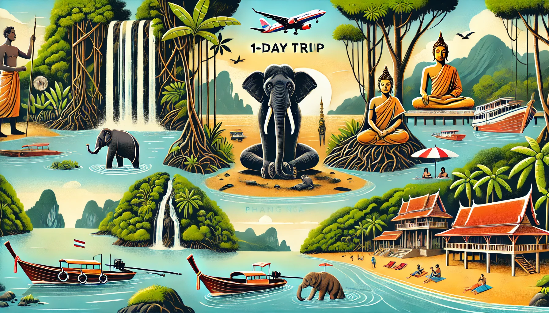 DALL·E 2024-11-05 12.12.42 - A scenic itinerary banner image titled 'Amazing Phang Nga (1-day trip)' showing a day tour in Phang Nga, Thailand, with a focus on its coastal beauty